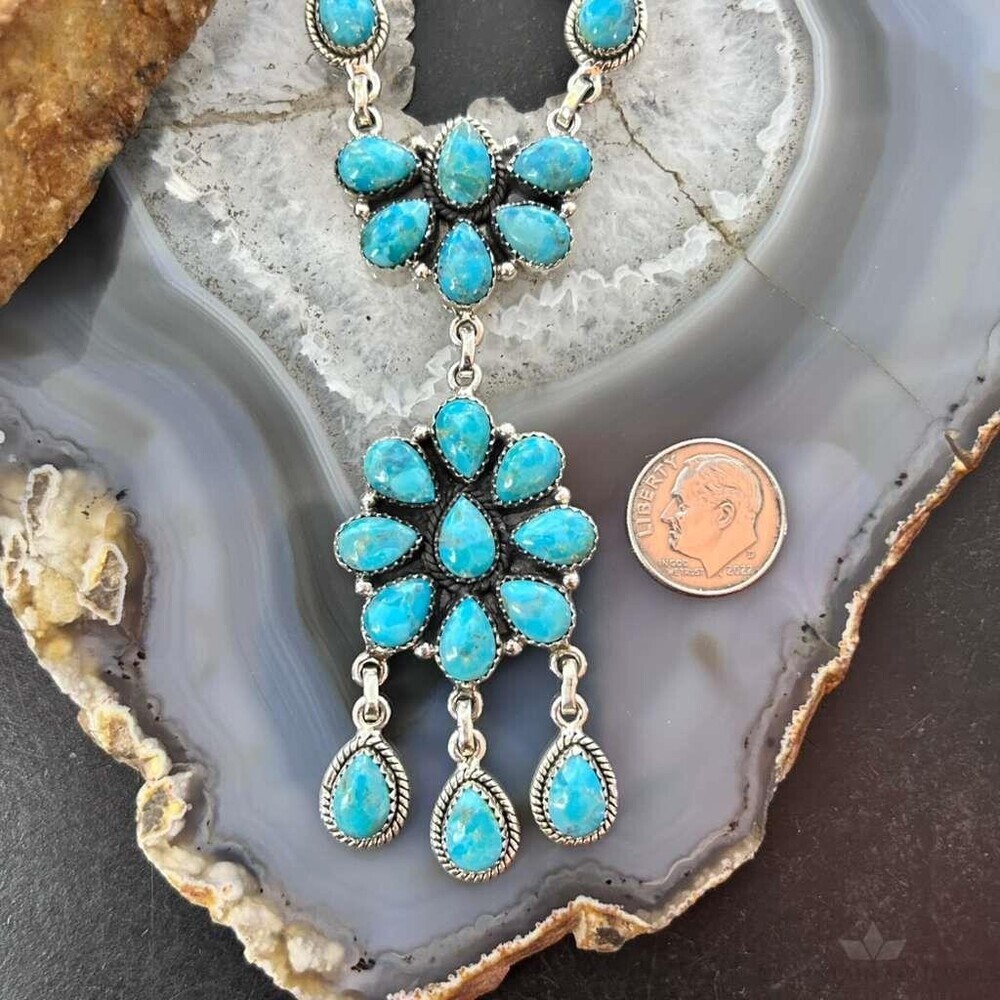 Sterling Southwestern Style 25 Teardrop Turquoise Cluster 17" Necklace For Women - Picture 8 of 10
